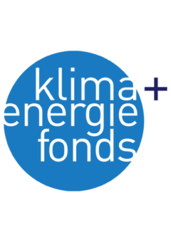 Logo des Klima- und Energiefonds: Hellblau ausgefüllter Kreis mit ausgestanzten Buchstaben 