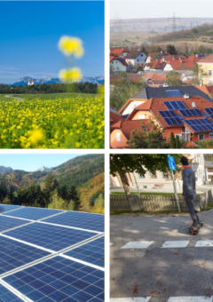 4 Fotos: Links oben eine Blumenwiese, links unten ein PV-Panel, rechts oben eine Siedlung mit PV-Paneelen, rechts unten ein gekennzeichneter Fahrradstreifen