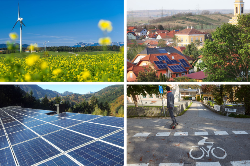 4 Fotos: Links oben eine Blumenwiese, links unten ein PV-Panel, rechts oben eine Siedlung mit PV-Paneelen, rechts unten ein gekennzeichneter Fahrradstreifen