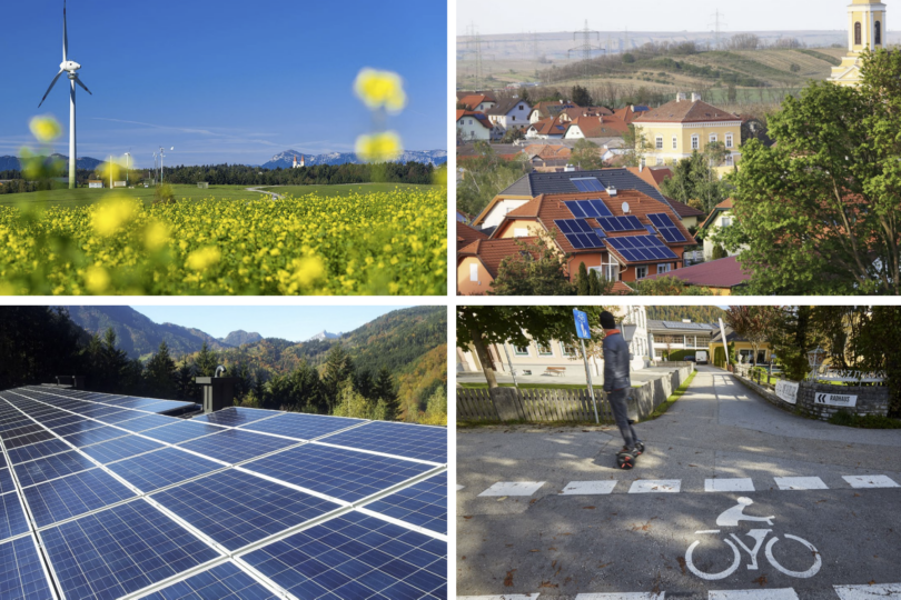 Titelblatt mit Text und 4 Fotos: Links oben eine Blumenwiese, links unten ein PV-Panel, rechts oben eine Siedlung mit PV-Paneelen, rechts unten ein gekennzeichneter Fahrradstreifen