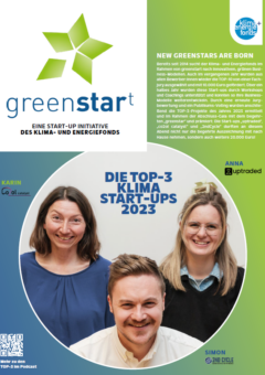 Titelblatt der Greenstart Broschüre: 3 Menschen und Text.