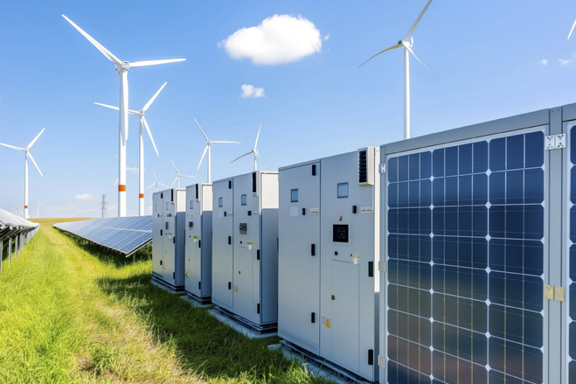 Bild mit Speicheranlage auf einer Wiese und Windrädern im Hintergrund.