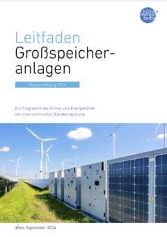 Titelblatt mit Text und Bild: Speicheranlage auf Wiese mit Windrädern im Hintergrund