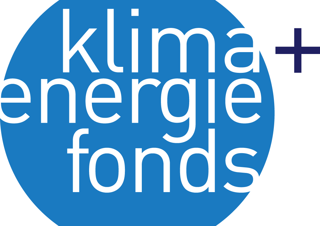 Logo des Klima- und Energiefonds: Hellblau ausgefüllter Kreis mit ausgestanzten Buchstaben 