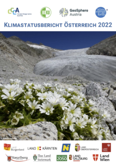 Titelblatt mit Text und Bild von Gletscher mit weißen Blumen im Vordergrund