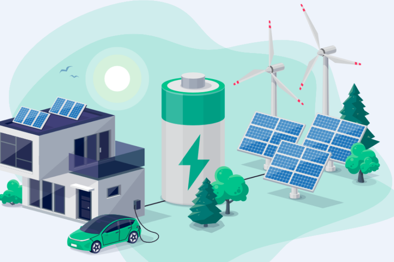 Illustration eines nachhaltigen Energiesystems mit einem modernen Haus, das Solarenergie auf dem Dach nutzt, einer großen Batterie zur Energiespeicherung, Windkraftanlagen und Solarpanels im Hintergrund sowie einem grünen Elektroauto, das aufgeladen wird.