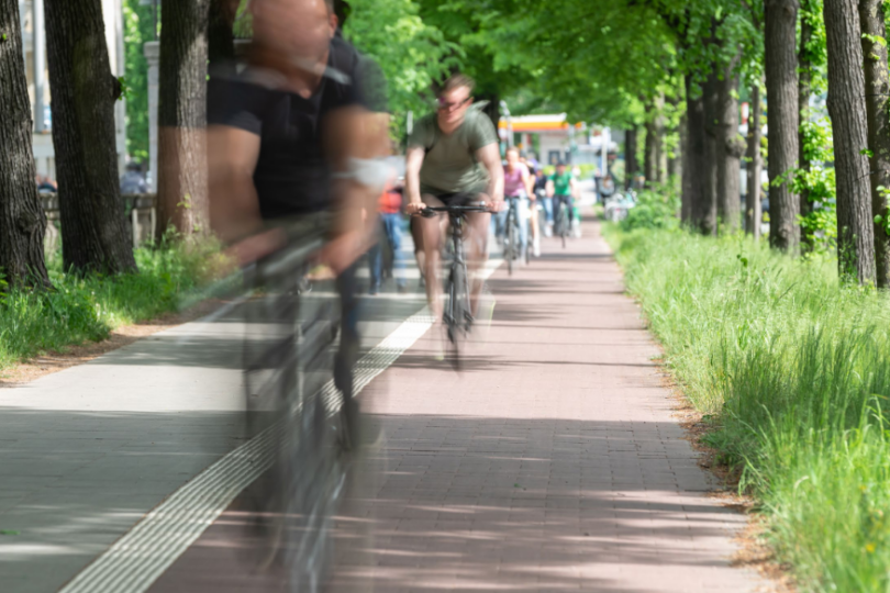 Eine Gruppe von Radfahrer:innen auf einem Radweg in einem Park.