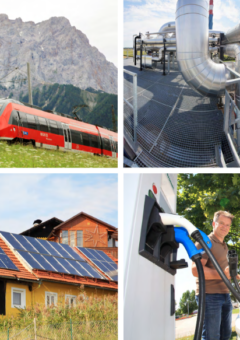 4 Bilder: Zug in einer Berglandschaft, Biomasseanlage, Pv-Paneele auf Dach und Mann beim Laden eines Elektroautos.