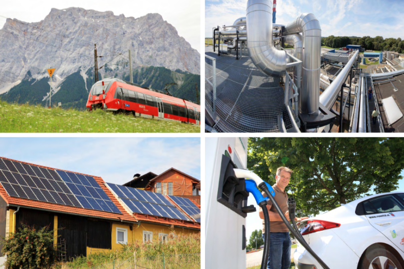 4 Bilder: Zug in einer Berglandschaft, Biomasseanlage, Pv-Paneele auf Dach und Mann beim Laden eines Elektroautos.