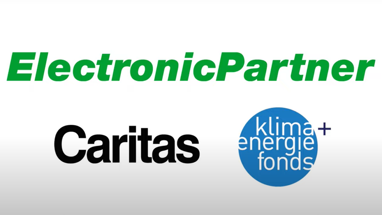 Titelbild des Videos vom Vernetzungstreffen des Programms „Energiesparen im Haushalt“ in Los Ost mit den Logos von ElectronicPartner, der Caritas und dem Klima- und Energiefonds.