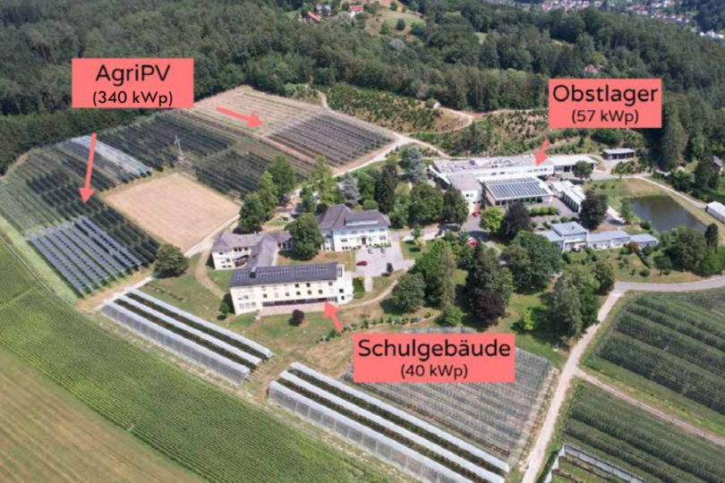 Ein Arial Foto von einer Fläche mit einer Agri PV, einem Obstlager und einem Schulgebäude. Das Bild ist beschriftet.