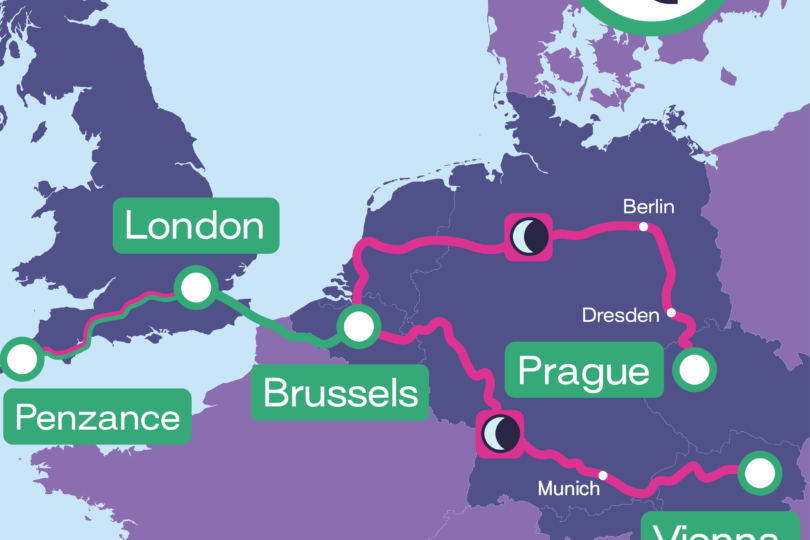 Reiseroute von Wien bis Cornwall mit Zwischenstopps auf einer Landkarte dargestellt