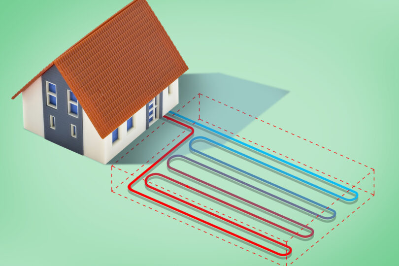 Das Bild zeigt eine grafische Darstellung eines Hauses mit Heizsytsem, das Geothermie nutzt.