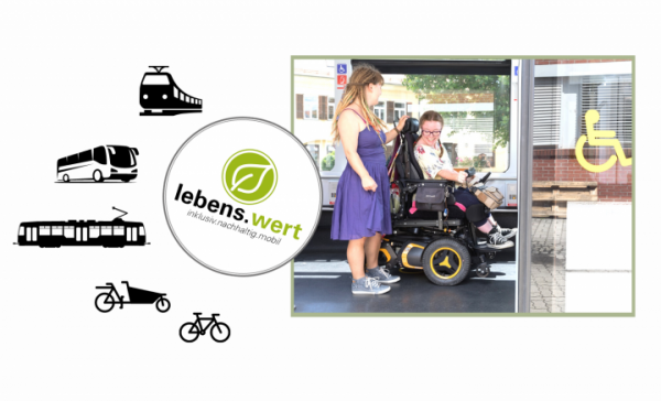 lebens.wert Logo, Piktogramme Mobilität, Person in Rollstuhl