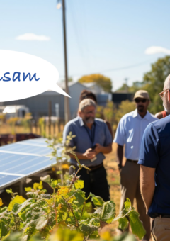 Gruppe von Menschen, die sich im Freien Solarpaneele ansehen, mit einer Sprechblase, auf der „Gemeinsam“ steht.