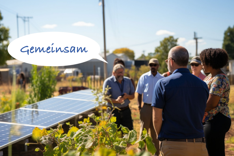 Gruppe von Menschen, die sich im Freien Solarpaneele ansehen, mit einer Sprechblase, auf der „Gemeinsam“ steht.