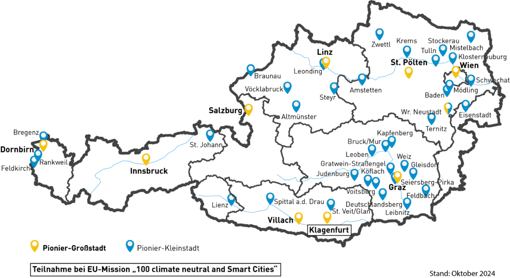 Karte Österreichs mit den sogenannten Pionier-Städten.