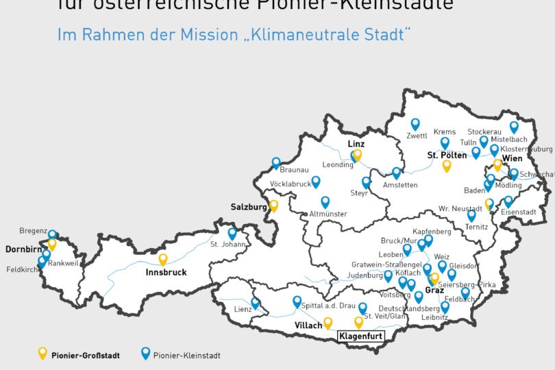 Karte Österreichs mit den Städten, die bis Oktober 2024 an der EU-Initiative für klimaneutrale und intelligente Städte teilnehmen.