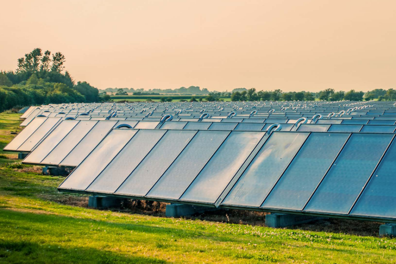 Ein großes Feld mit Solarkollektoren, die in Reihen aufgestellt sind und sich bis zum Horizont erstrecken. Die Umgebung ist von grüner Landschaft und Bäumen geprägt, während der Himmel einen warmen, orangefarbenen Ton aufweist, der auf Sonnenuntergang oder -aufgang hindeutet.