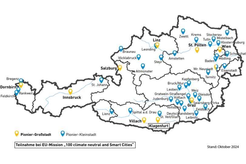 Österreich-Karte mit den sogenannten Pionier-Städten eingezeichnet.