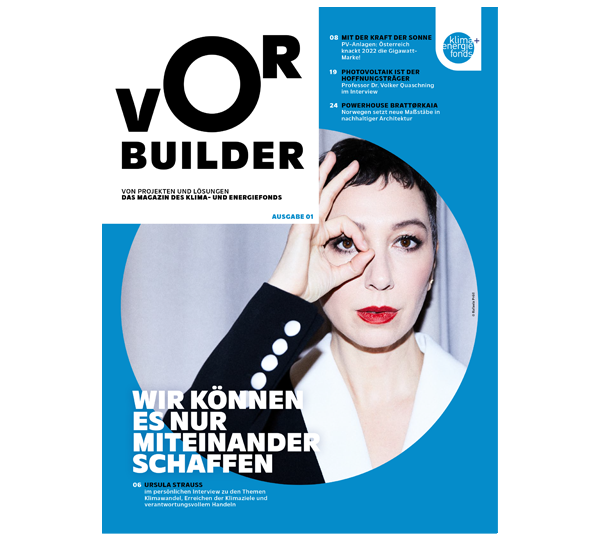 Zeitschriftenumschlag mit Text „VOR BUILDER“, Bild eines Menschen und Slogan darüber.