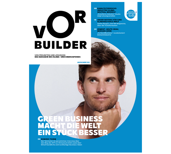 Zeitschriftenumschlag mit Text „VOR BUILDER“, Bild eines Menschen und Slogan darüber.