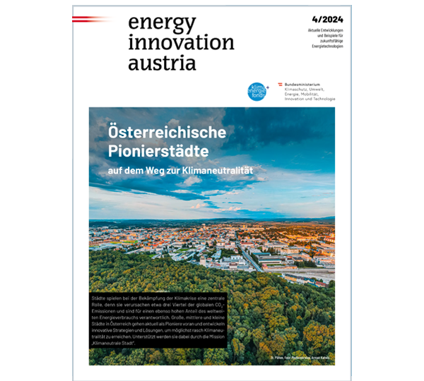 Titelbild des Magazins mit dem Titel „energy innovation austria“, das eine Luftaufnahme einer Stadtlandschaft zeigt, mit einem Text über Pionierstädte und Klimaneutralität.