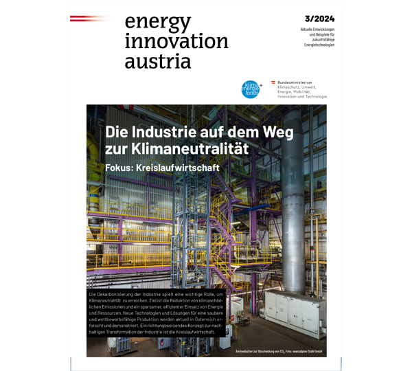 Titelbild des Magazins „energy innovation austria“ mit Abbildung einer Industrieanlage, die die Klimaneutralität betont.