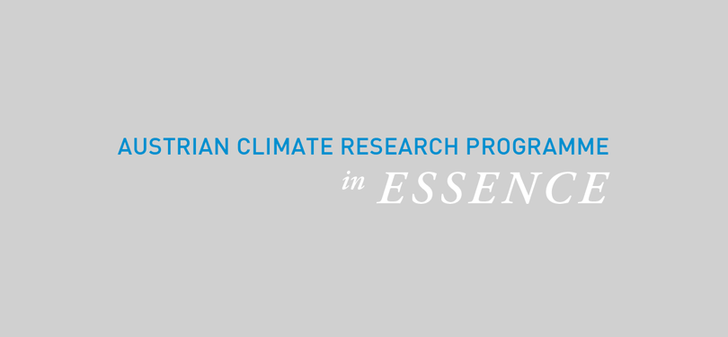 Text „AUSTRIAN CLIMATE RESEARCH PROGRAMME in ESSENCE“ auf grauem Hintergrund.