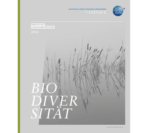 Cover eines Berichts mit dem Titel „BIODIVERSITÄT“ und Schilfreflexionen im Wasser für das Österreichische Klimaforschungsprogramm 2014.