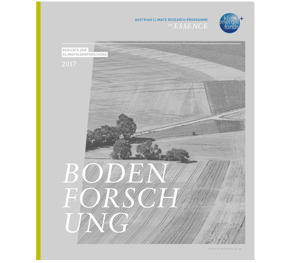 Umschlag eines österreichischen Klimaforschungsberichts mit Luftaufnahme von Ackerland und dem Titel „BODENFORSCHUNG“.