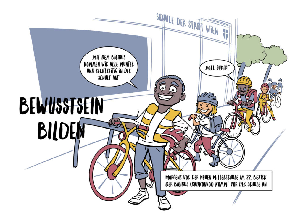 Illustration von Kindern, die fröhlich mit dem Fahrrad zur Schule fahren, mit Dialogblasen und Textbannern.