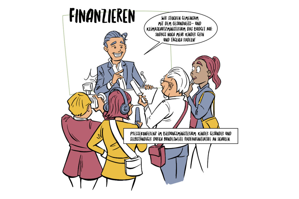 Cartoon einer Pressekonferenz mit Reportern, die Mikrofone und Aufnahmegeräte halten.