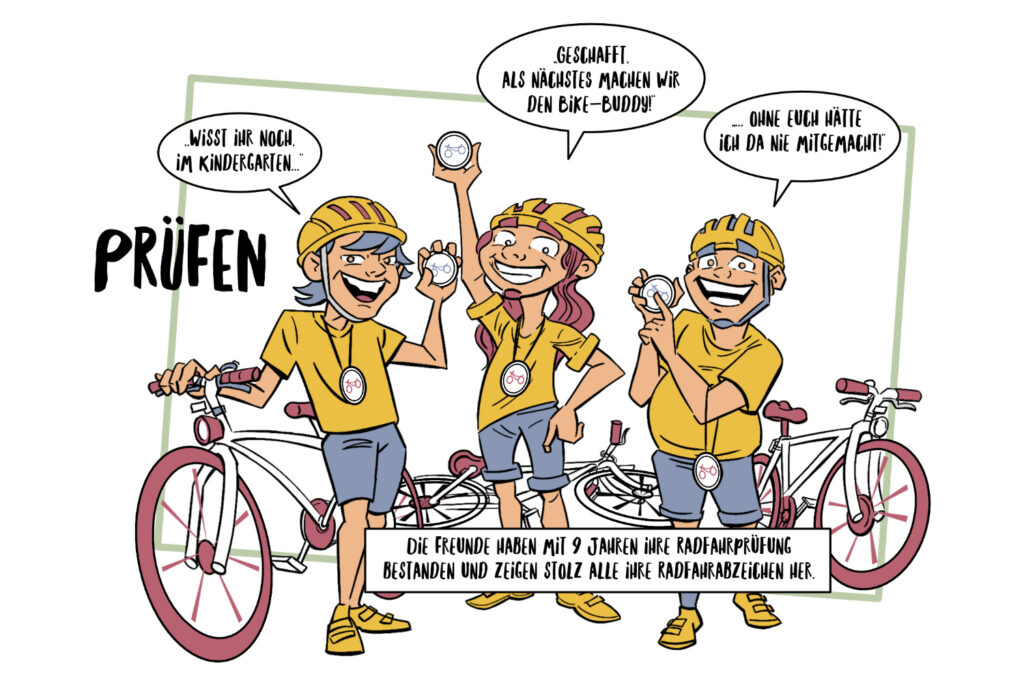 Eine Illustration von drei fröhlichen Kindern in gelben Hemden, die Fahrradsicherheitsabzeichen tragen und neben Fahrrädern stehen.