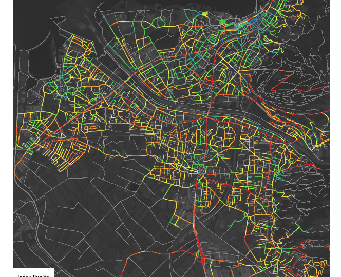 Straßenkarte von Bregenz, Straßen eingefärbt nach "Vitale Straßen Index"